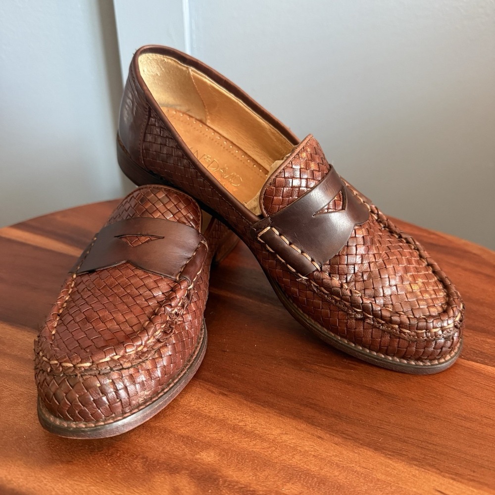 Joan & David Woven Leather Penny Loafers Womens 7.5 Brown Handmade Italy Preppy